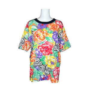 Vintage 80s Traffic Jam Multi-color Floral Top M Vibrant Artsy Maximalist Wacky